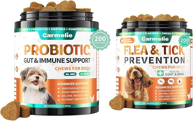 Probiotic & Flea Chews for Dogs - 200 Each - Natural Flea & Tick Prevention with Skin Support + Digestive, Gas & Immune Relief with Pumpkin & Enzymes - Chicken Flavor