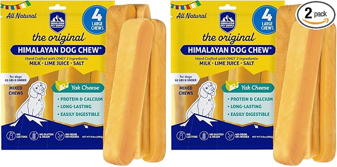 Original Yak Cheese Dog Chews,100% Natural,Long Lasting,Gluten Free,Healthy&Safe Canine Treats,Lactose &Grain Free,Protein Rich,Mixed Sizes, Dogs 65 Lbs & Smaller 4Count(Pack of 2)
