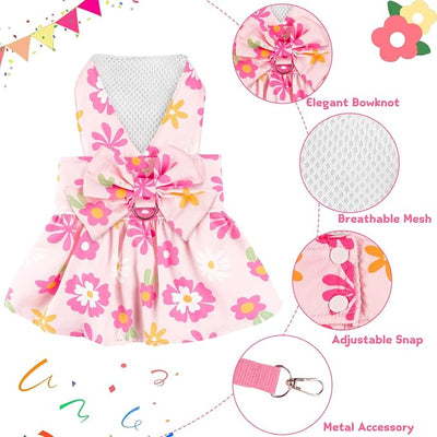 Dog Dress Harness Dresses Leash Set for Small Dogs Cute Girl Dog Clothes with Bowknot Puppy Outfits for Shih Tzu Yorkies Chihuahua (Medium, Floral)