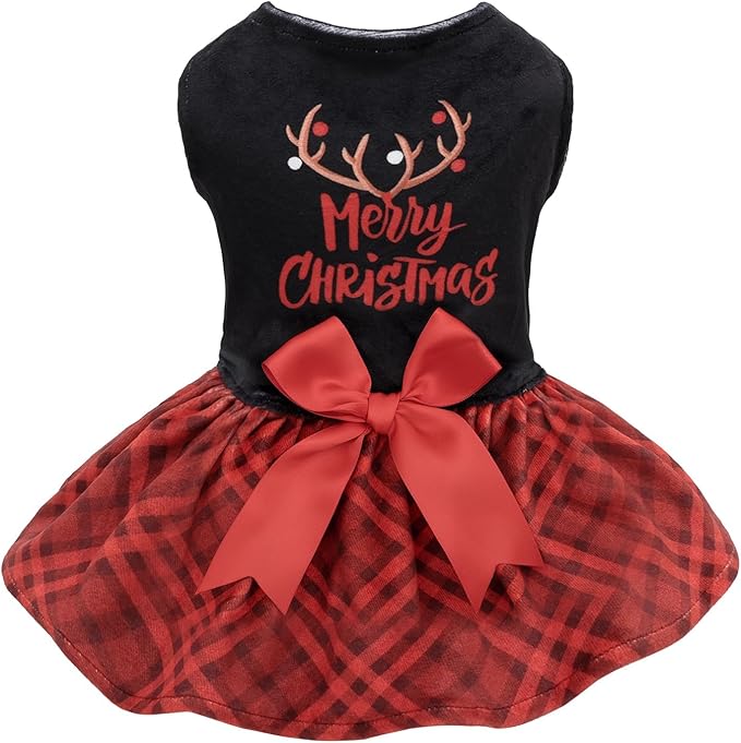 Christmas Dog Dresses Velvet Holiday Small Dogs Clothes Onesie Pet Apparel Girl Puppy Skirt with Bow Hair Rope