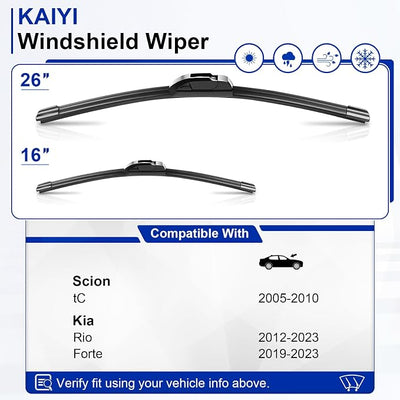 KAIYI 26" + 16" Windshield Wipers Compatible with Kia Forte 2019-2023,Rio 2012-2023,Scion tC 2005-2010 Premium Automotive Replacement Windshield Wiper Blades 2 Pack