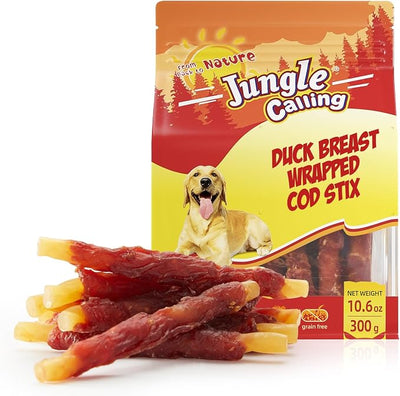 Jungle Calling Duck Wrapped Cod Sticks Dog Treats, Rawhide Free Training Rewards Snacks for Dogs, Natural Chewy Sticks Treats, 10.6 oz