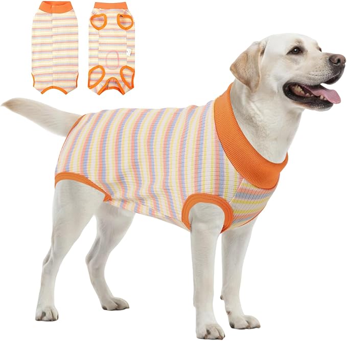 SAWMONG Recovery Suit for Dogs Female Male, Cotton Breathable Dog Onesie After Surgery Spay Neuter, Professional Pet Surgical Suit, Substitute E-Collar Cone (Orange Stripes, 2XL)