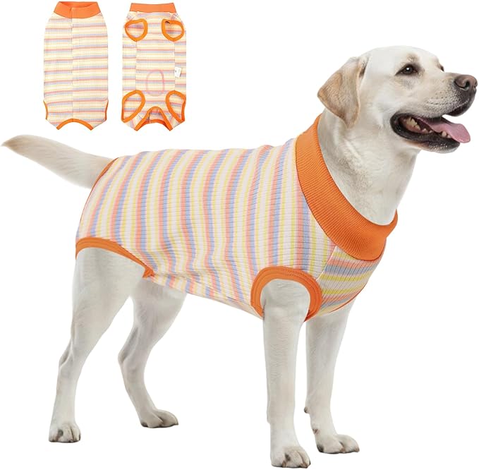 SAWMONG Recovery Suit for Dogs Female Male, Cotton Breathable Dog Onesie After Surgery Spay Neuter, Professional Pet Surgical Suit, Substitute E-Collar Cone (Orange Stripes, L)
