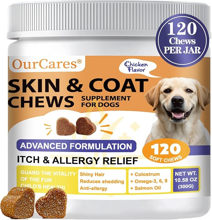 Skin and Coat Supplement for Dogs, Omega 3 Fish & Salmon Oil with EPA & DHA, Colostrum Support Skin & Coat Healthy, Itchy Dog Allergy May Reduce Shedding, Chicken Flavor, 120 Ct