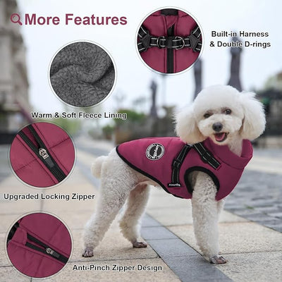 Dog Winter Coat, Warm Dog Jacket Reflective Adjustable Fleece Vest with Harness Built in, Windproof Pet Snow Jacket Snowsuit with Zipper for Small Medium Dogs, Purple XS