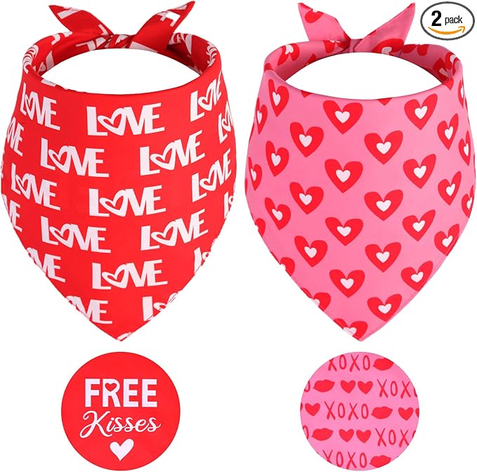 Valentine's Dog Bandanas Large 2PCS, Triangle Reversible Sweetheart Scarf for Boy and Girl, Love Bibs Accessories for Medium Large Dogs Cats