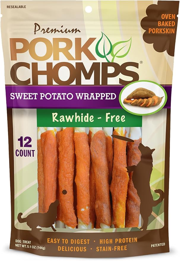 Baked Pork Skin Dog Chews, 5 Inch Mini Twists, 12 Count - Sweet Potato Wrap - Long-Lasting Treats for Dogs - High Protein, Rawhide-Free, Low Fat, Healthy & Delicious Chews
