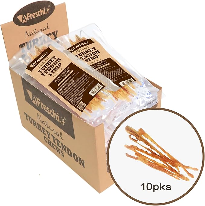 Turkey Tendons for Dogs, USA-Sourced Human Grade, Rawhide-Free Long-Lasting Puppy Chews, All Natural Hypoallergenic Dog Treats for Small Breeds, Strips, 10 Pack Box