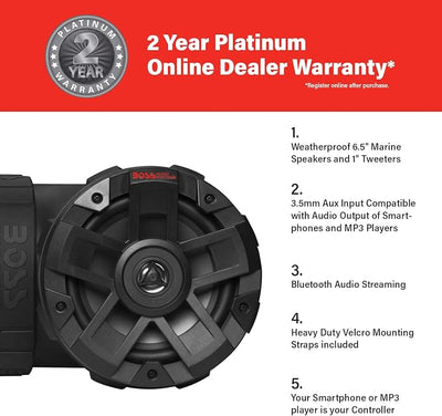 BOSS Audio Systems ATVB6.5R ATV UTV Weatherproof Sound System - 6.5 Inch Speakers, 1 Inch Tweeters, Built-in Amplifier, Bluetooth, Rechargeable Battery, Easy Installation for 12 Volt Vehicles