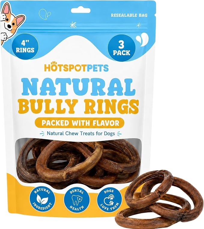 hotspot pets Premium All Natural Bully Stick Rings for Dogs, 3 Count | All Natural Long Twisted Beef Pizzle, Grain Free, Fully Digestible, Rawhide Alternative