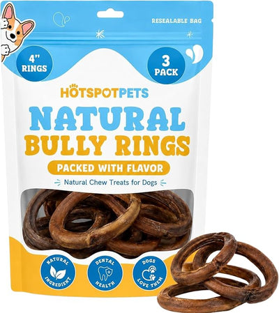 hotspot pets Premium All Natural Bully Stick Rings for Dogs, 3 Count | All Natural Long Twisted Beef Pizzle, Grain Free, Fully Digestible, Rawhide Alternative