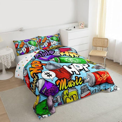 Erosebridal Hip Hop Comforter Set Twin Size, Graffiti Style Down Comforter for Kids Boys Girls Teens, Street Culture Bedding Set Grunge Watercolor Lightweight Bedding Comforters Bedroom Decor, Blue