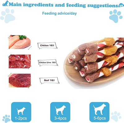Triple Flavored Dog Kabobs, Rawhide Chews with Chicken Beef and Liver, High Protein 52% Puppy Training Snacks, 16 Ounces