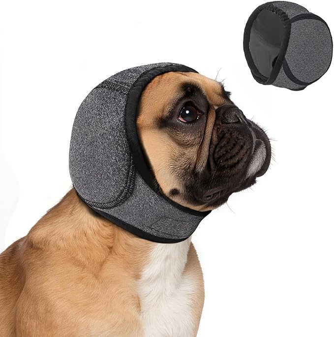 Dog Ear Muffs Noise Protection, No-Shake Ear Wrap for Hematoma Care, Bathing, Drying, Swimming & Noise Anxiety Relief (Grey, Small)