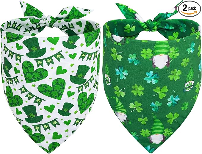 Vivifying St. Patrick's Day Dog Bandana, 2 Pack Bandanas for St. Patrick's Day Clothes Outfits, Reversible Triangle Dog Scarf, Pet Apparel & Accessories for Decorations (X-Large, Green&White)