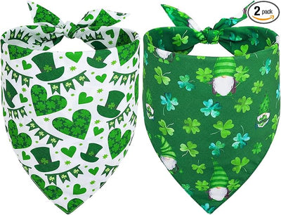 Vivifying St. Patrick's Day Dog Bandana, 2 Pack Bandanas for St. Patrick's Day Clothes Outfits, Reversible Triangle Dog Scarf, Pet Apparel & Accessories for Decorations (X-Large, Green&White)