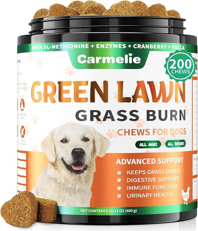 Carmelie Dog Urine Neutralizer for Lawn Grass Burn – Dog Pee Grass Chews 200ct Green Grass Burn Spot Chews for Dogs with DL-Methionine, Probiotics & Enzymes – Supports Urinary & Digestive Health