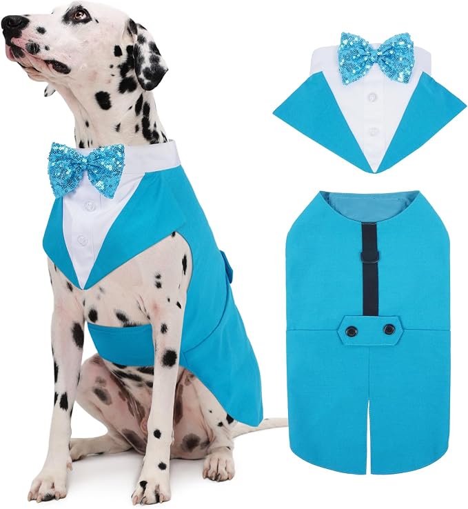 Dog Tuxedo for Large Dogs, Pet Wedding Outfit with Bow Tie, Dog Suit and Bandana Set Formal Dogs Tux Pet Costume Halloween Christmas Outfit for Birthday Party Cosplay