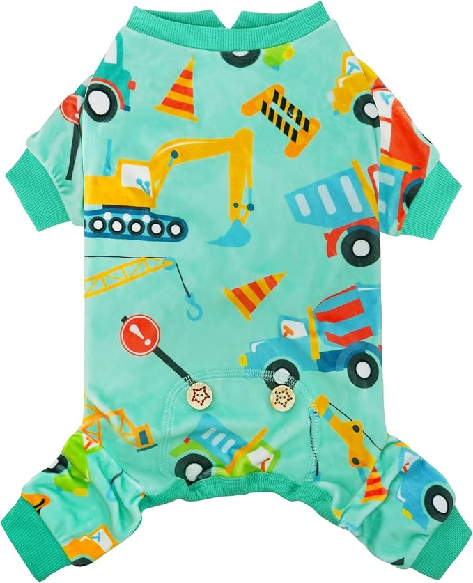KYEESE Dog Pajamas Stretchy Pet Jammies Coat Comfy Pet Onesie Costume Velvet Dog Pajamas Small Sized Dogs Soft Dogs Clothes Pjs with Construction Vehicles Pattern, Large