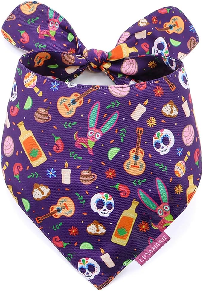 LunaMarie - Luxury Dog Bandanas - Dia De Los Muertos Design | Premium & Silky Poly Fabric | 100% Handmade | Custom Shape Dual Layered Reversible Small, Medium, Large Cat Scarf (Day Of The Dead, Large)