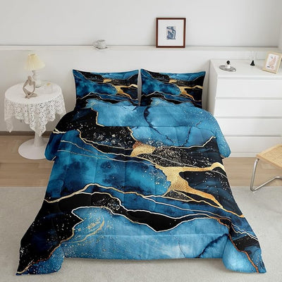 Erosebridal Marble Comforter Set King, 3-Pieces Blue Marble Bedding Set for Kids Boys Teens Adult Bedroom, Abstract Artwork Watercolor Quilted Duvet Tie Dye Ultra Soft Duvet Sets with 2 Pillow Cases