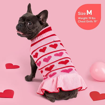 KYEESE Valentines Dog Sweater, Soft Turtleneck Dog Sweaters for Small Dogs, Stretchy Pullover Small Dogs Sweater, Warm Pet Sweaters Dress with Heart Print, Comfy Pet Clothes Coat with Leash Hole, S