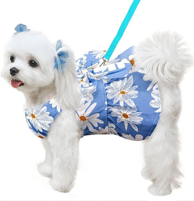 ABRRLO Cute Dog Dress Small Dog Clothes for Girls Female Puppy Outfits Blue Daisy Pet Summer Clothes Bowknot Doggy Cat Princess Dress Harness Set for Holiday Birthday Party Costume Clothing (Blue,M)