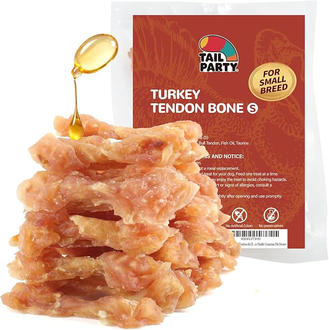 TailParty Turkey Tendons for Dogs with Fish Oil & Taurine (Bone, S, 1 lb), All Natural Dental Chews & Training Treats for Small Dogs, Long Lasting Snack for Health-Conscious Pet Owners