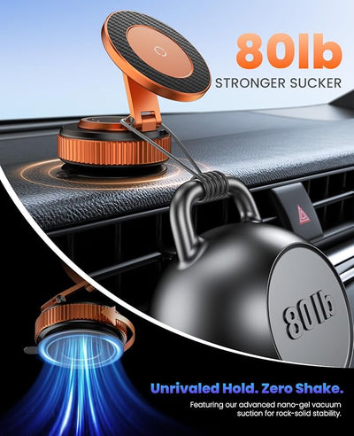 Jononser Magnetic Car Phone Mount,Zinc Alloy Foldable Holder with Strong Nano-Gel Adhesion & N52 Magnet, 360° Adjustable Dashboard/Windshield Phone Holder for iPhone 17/16/15/14/13/12,Golden Orange