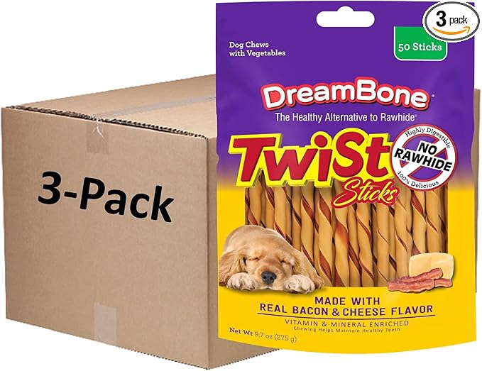 Twist Sticks with Real Bacon and Cheese Flavor 50 Count, Rawhide-Free Chews for Dogs (3 Pack)