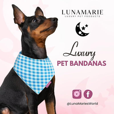 LunaMarie - Luxury Dog Bandanas - Puppy Bandanas Cat Accessories | Premium & Silky Fabric | 100% Handmade Quality | Custom Shape Dual Layered Small, Medium, Large Cat Scarf (Blue Checkers, Small)