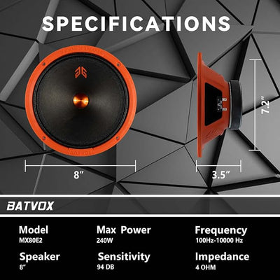 MX80P1 Loudspeaker 8 Inch Midrange 480 Watts 4 Ohms Orange Dust Cap, Premium Quality Audio Door Speakers for Car or Truck Stereo Sound System, Orange (2 Speakers)