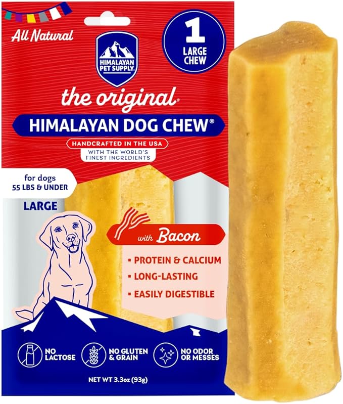 Original Yak Cheese Chew, Bacon, 1 Large Stick, 3.3 oz, Gluten Free, Healthy Treats, Grain & Lactose Free 100% Natural, Long Lasting Chews for s Under 55 lbs
