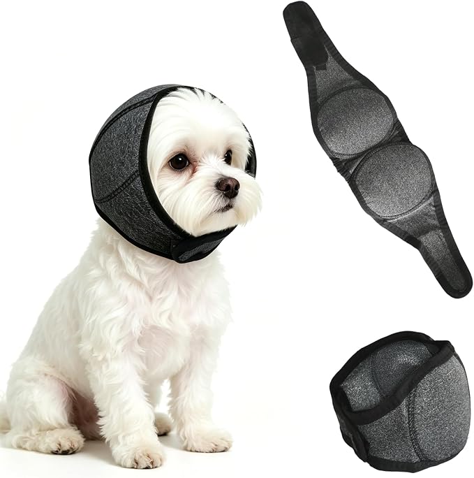 Dog Ear Cover for Noise Protection & Anxiety Relief, Adjustable No Shake Ear Wrap for Firework, Hematoma, Bathing, Swim, Grooming and Force Drying (Gray, S(Head Size:10"-15"))