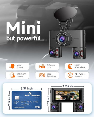 360° Dash Cam Front and Rear Inside, 4 Channel Dash Camera for Cars FHD 1080Px4, Built-in Wi-Fi, 3.16” IPS Screen, WDR Night Vision, Voice Control, Free 64GB Card, 24H Parking Mode
