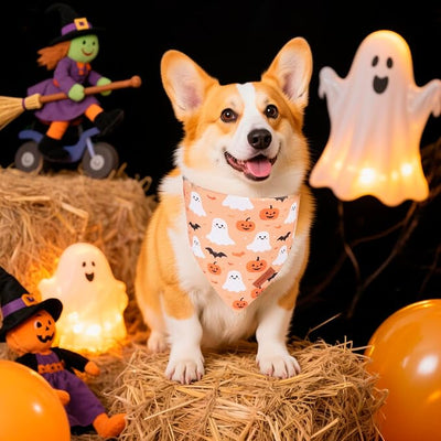 PTDECOR Halloween Dog Bandana, Pumpkin Ghost Design Reversible Holiday Pet Scarf, Black Yellow Halloween Bandanas for Small Dogs Puppies Cats(Small)