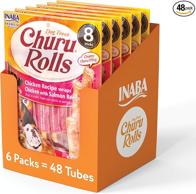 Churu Rolls for Dogs, Soft & Chewy Baked Chicken Wrapped Filled Dog Treats, 0.42 Ounces Each Tube, 48 Tubes Total, Chicken with Salmon Recipe