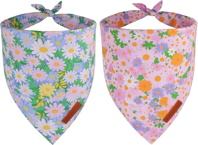 ADOGGYGO Floral Dog Bandanas, Spring Summer Daisy Pet Scarf, Premium Fabric, Purple Pink Flower Bandanas for Small Dogs (Small)