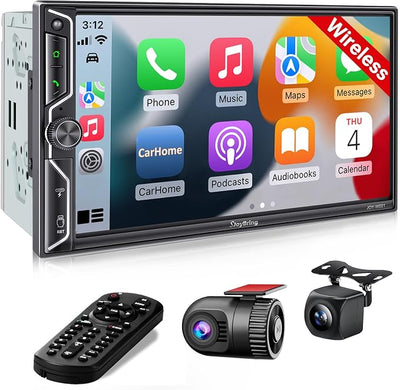 SJoyBring [QLED Screen Upgrade] 7" Double Din Car Stereo with Dash Cam, Wireless Apple CarPlay and Android Auto, Bluetooth, 240W 4.2-Channel Audio Output, MirrorLink, Backup Camera, AM/FM Car Radio