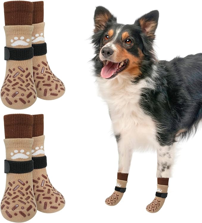 SCENEREAL Dog Socks to Prevent Licking Paws for Hot/Cold Pavement, Anti Slip High Top Dog Grip Socks for Hardwood Floors, Dog Shoes Booties&Paw Protector for Small Medium Large Senior Dog, Khaki M
