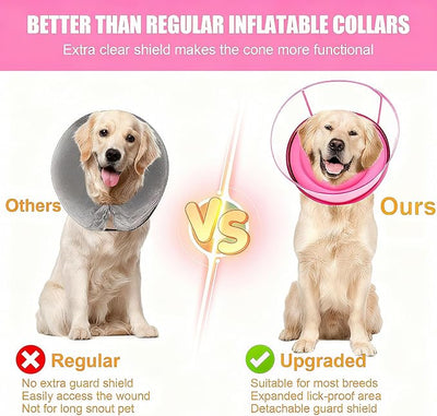 2-in-1 Soft Inflatable Dog Cone Collar Alternative with Enhanced Anti-Licking Guard Shield, Dog Collar After Surgery, Adjustable Recovery Cones for Large Medium Small Dogs and Cats(Pink, L)