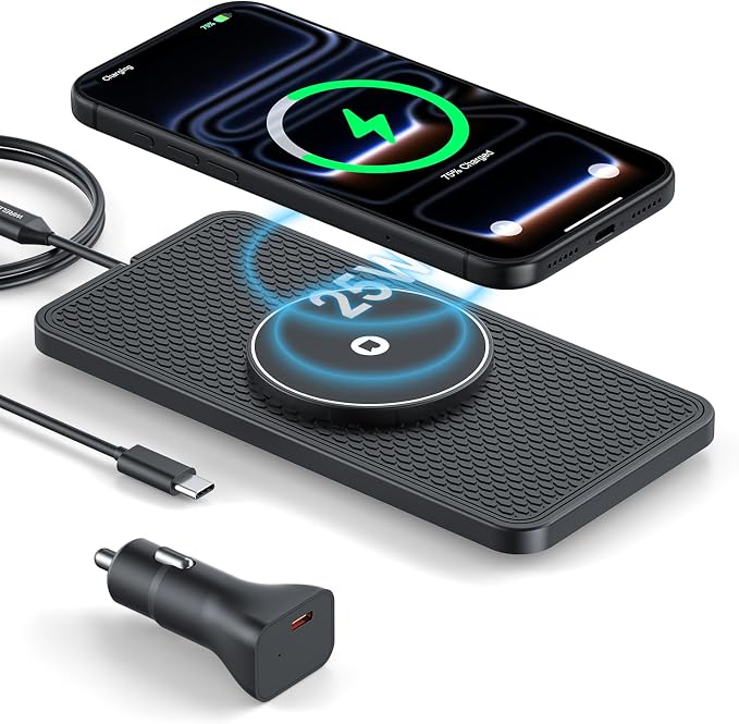25W Magnetic Wireless Car Charger Pad, REESTECQI for MagSafe Car Charger with 45W USB-C Car Charger, Anti-Slip Wireless Charging Pad for Car Compatible with iPhone 17 16 15 14 13 12 (1 Meter Cable)