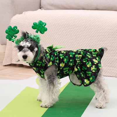 CuteBone Turtleneck Dog Velvet Dress St. Patrick's Day Four Leaf Clover Puppy Skirt Costume Pet Clothes Cat Apparel with Bow Hair Rope for Small Dogs CVD20S