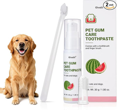 Dog Toothpaste Kit for Gum Care – Watermelon Flavor Dental Toothpaste with Finger Brush & Long-Handle Toothbrush – Reduces Plaque, Soothes Gums, Freshens Breath – Safe for Daily Use