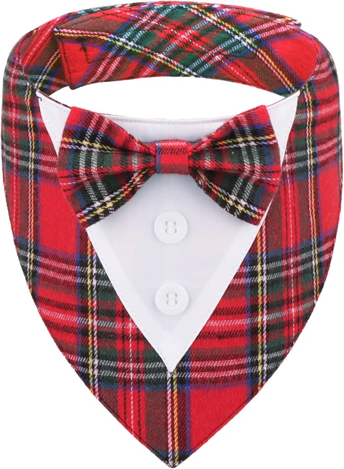 Christmas Dog Tuxedo Bandana, Red Plaid Pet Chritstmas Collar with Bowtie, Adjustable Christmas Costume for Large Dogs Pets (L)