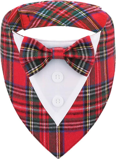 ADOGGYGO Christmas Dog Tuxedo Bandana, Red Plaid Pet Chritstmas Collar with Bowtie, Adjustable Christmas Costume for Medium Dogs Pets (M)