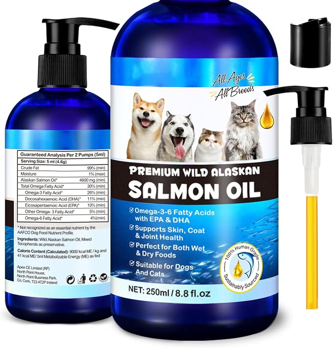 Salmon Oil for Dogs and Cats 8.8fl.oz, Omega 3 EPA DHA Joint&Immune Health, Salmon Oil for Dogs Skin and Coat Support(Cats), Wild Alaskan Salmon Oil for All Ages and All Breefs, for Dog and Cat.