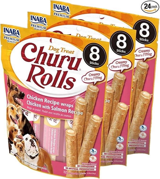 Churu Rolls for Dogs, Grain-Free, Soft/Chewy Baked Chicken Wrapped Churu Filled Dog Treats, 0.42 Ounces Each Stick| 24 Stick Treats Total, Chicken with Salmon Recipe