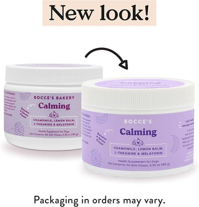 Bocce's Bakery Calming Supplement for Dogs, Daily Chews Made in The USA with Chamomile, Lemon Balm, L-Theanine & Melatonin, Supports Stress, Banana & Honey, 60 ct